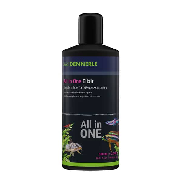 Buy All in One Elixir, Dennerle All in One Elixir, aquarium care elixir, freshwater aquarium care solution, all in one aquarium conditioner, 12 active complexes aquarium, weekly aquarium maintenance, fish shrimp plant support, Dennerle elixir 100ml 250ml 500ml