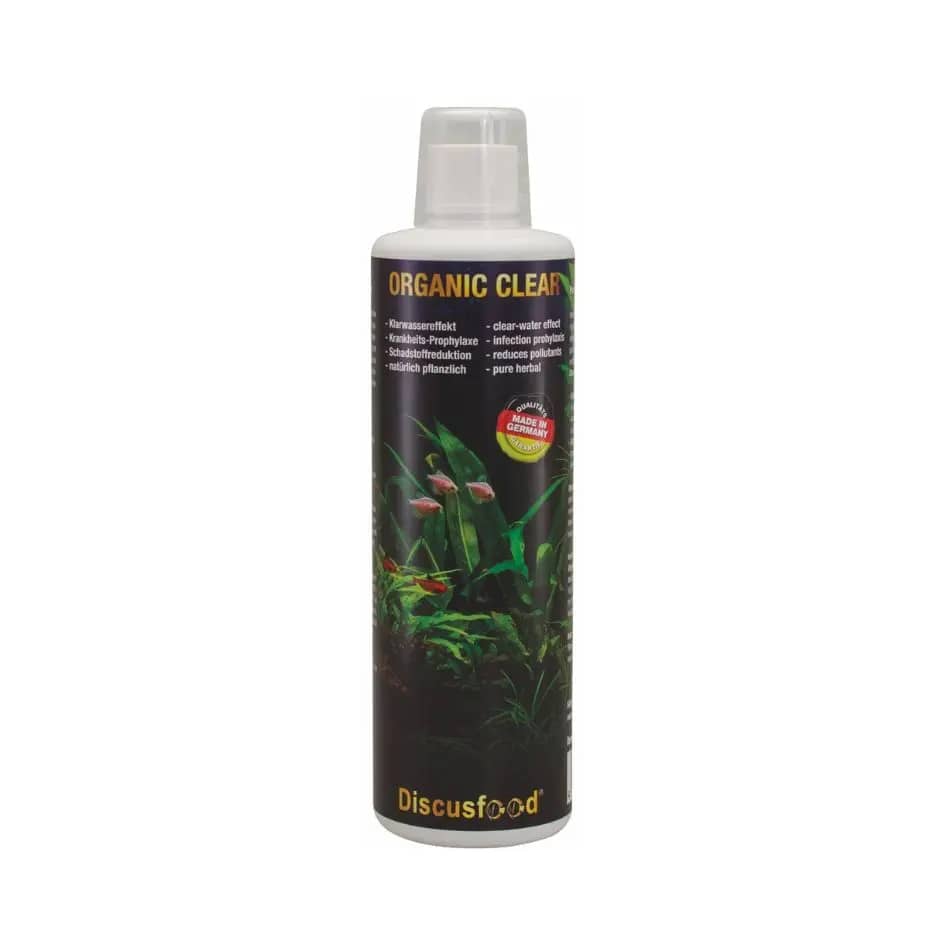 discusfood organic clear, organic clear 500ml, aquarium water clarifier india, discus water conditioner, aquarium cloud removal, natural water treatment for aquariums, clear water tonic for discus, organic aquarium clarifier, freshwater marine water conditioner, aquarium detoxifier india