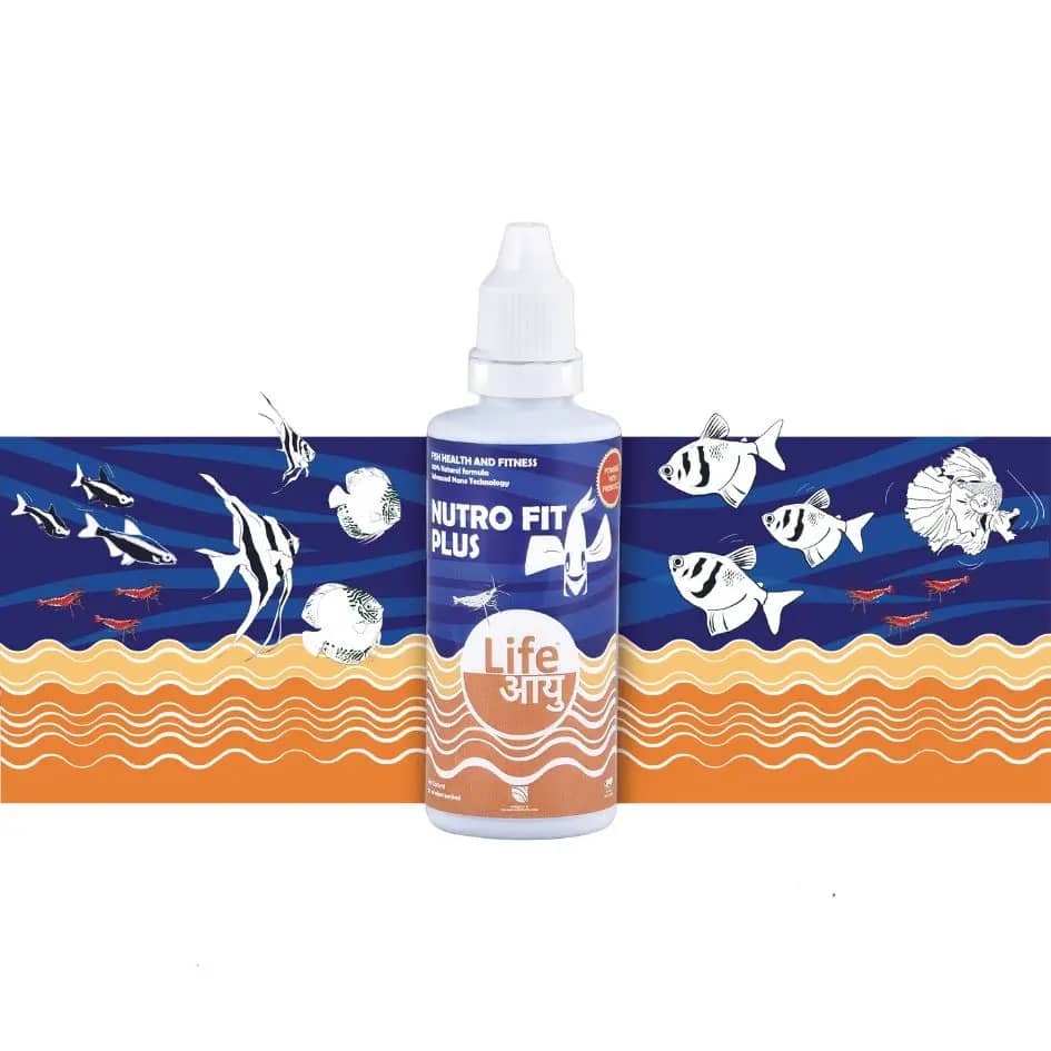 Buy Life AAYU Nutro Fit Plus, aquarium fish multivitamin, fish immunity booster India, fish vitamin supplement, 20ml fish vitamin, 50ml aquarium supplement, 100ml fish health booster, strengthen fish immunity, vitamin drops for fish, freshwater fish supplement