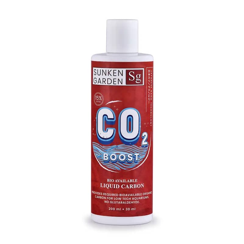 Sunken Garden Liquid CO2 Boost, liquid CO2 aquarium India, aquarium carbon supplement, planted tank CO2 alternative, low tech CO2 booster, aquarium plant growth booster India, algae control liquid CO2, planted tank fertilizer India, liquid carbon for aquariums, aquascaping CO2 supplement