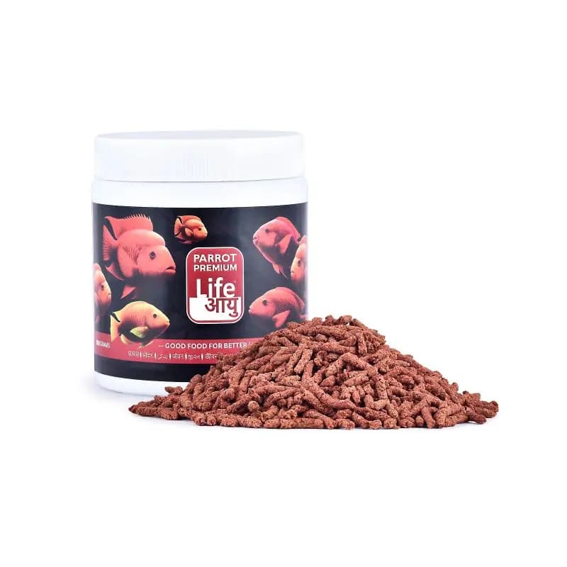 Buy Life AAYU Parrot Food, parrot cichlid food India, colour enhancing parrot fish food, hybrid parrot food, 100g parrot fish food, 200g parrot food, floating pellets parrot cichlid, spirulina parrot fish diet, red parrot fish food, aquariumproductsindia parrot food