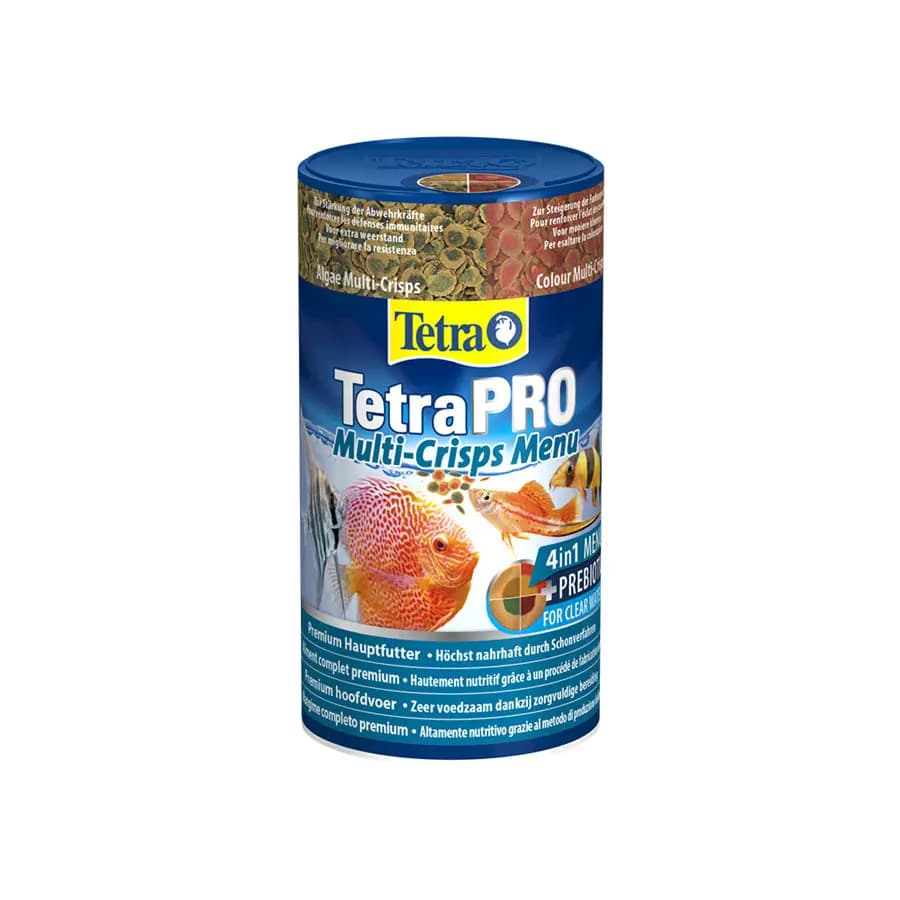 Buy Tetra Pro Multi Crisps, multi-crisp fish food, varied fish diet, algae crisps, color enhancing fish food, energy boosting fish food, growth promoting fish food, prebiotic fish nutrition, healthy fish diet, low heat processed fish food, aquarium fish nutrition, fish vitality food, vitamin-rich fish crisps, clear water fish food, efficient fish feed