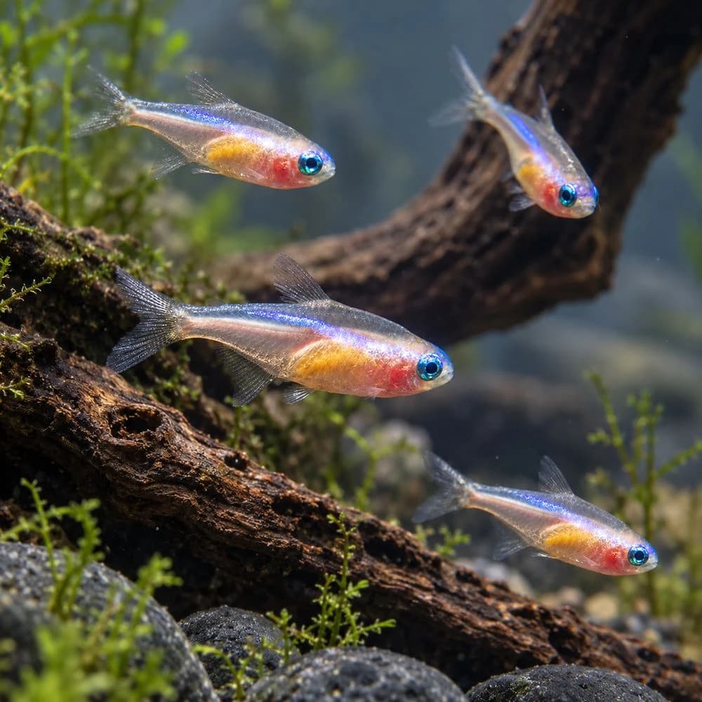 Gold Neon Tetra, Gold Neon Tetra India, Paracheirodon innesi gold, gold variant Neon Tetra, buy Gold Neon Tetra online India, peaceful schooling fish for aquarium, small community aquarium fish, Neon Tetra care, planted aquarium schooling fish, Gold Neon Tetra temperature and pH