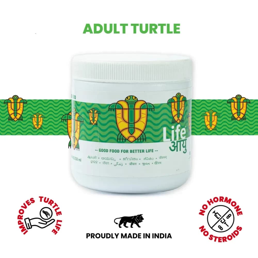 Life AAYU adult turtle food, adult turtle food pellets India, turtle food with calcium and spirulina, food for adult aquatic turtles, turtle pellets for red eared slider, Indian flapshell turtle food, turtle food 100g, turtle food 200g, adult turtle feed with cuttlebone calcium, aquatic turtle food for indoor tank