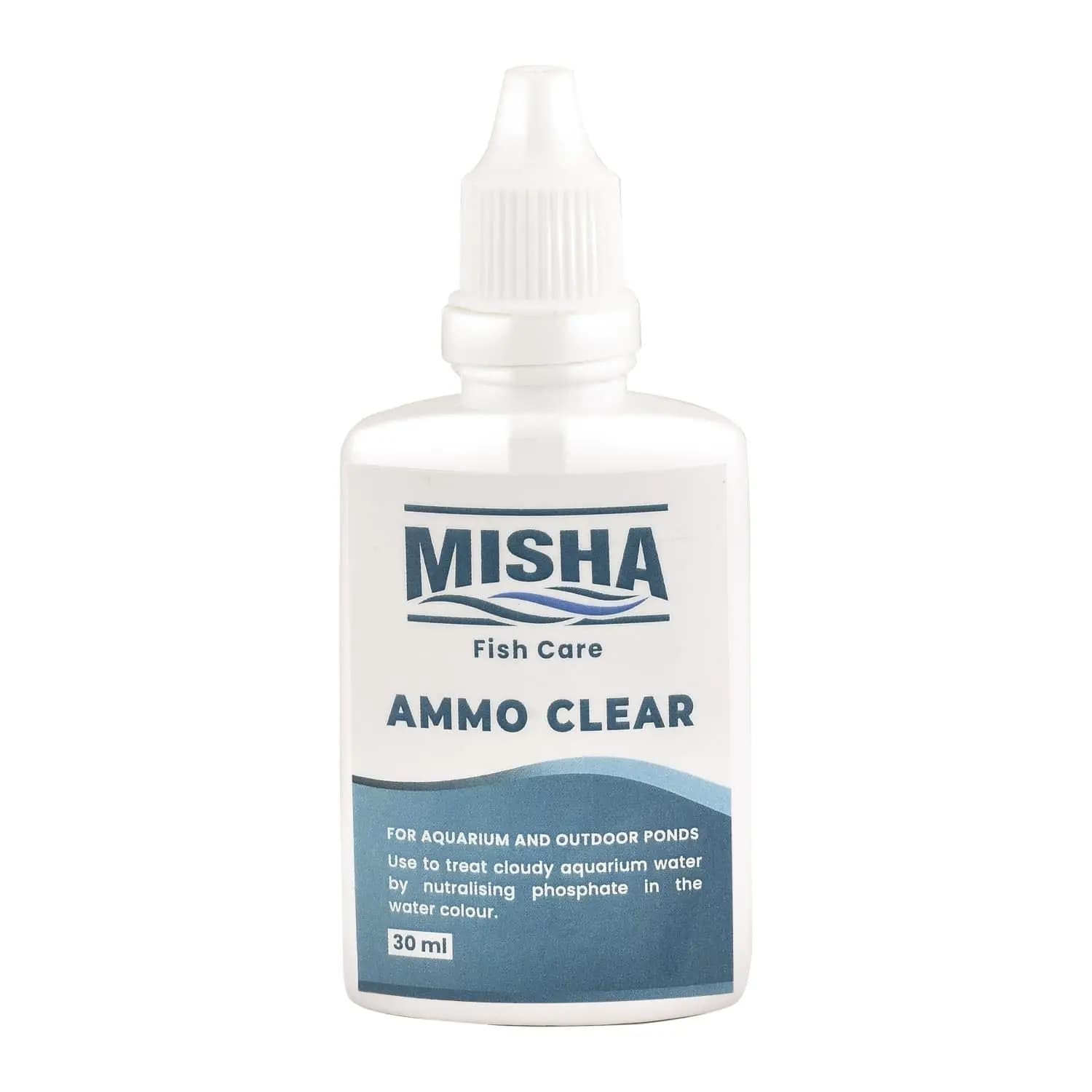 Misha Ammo Clear - 30ml - Misha Amo Clear, aquarium water conditioner India, ammonia neutraliser, freshwater tank water conditioner, clear aquarium water, Indian aquarium supplies, liquid water conditioner, fish tank water stabiliser, pH stabiliser for aquariums, best water conditioner India