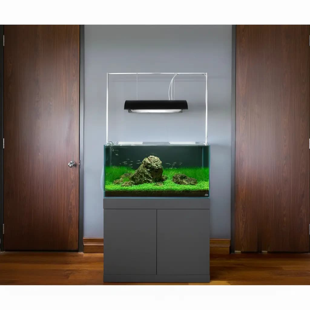 Buy aquarium cabinet India, engineered wood aquarium stand, ADA style aquarium cabinet, aquarium stand black white grey, aquarium furniture India, planted tank cabinet, aquarium stand for 4 feet tank, aquarium cabinet with push lock doors, modern aquarium stand India, aquarium cabinet 75cm height