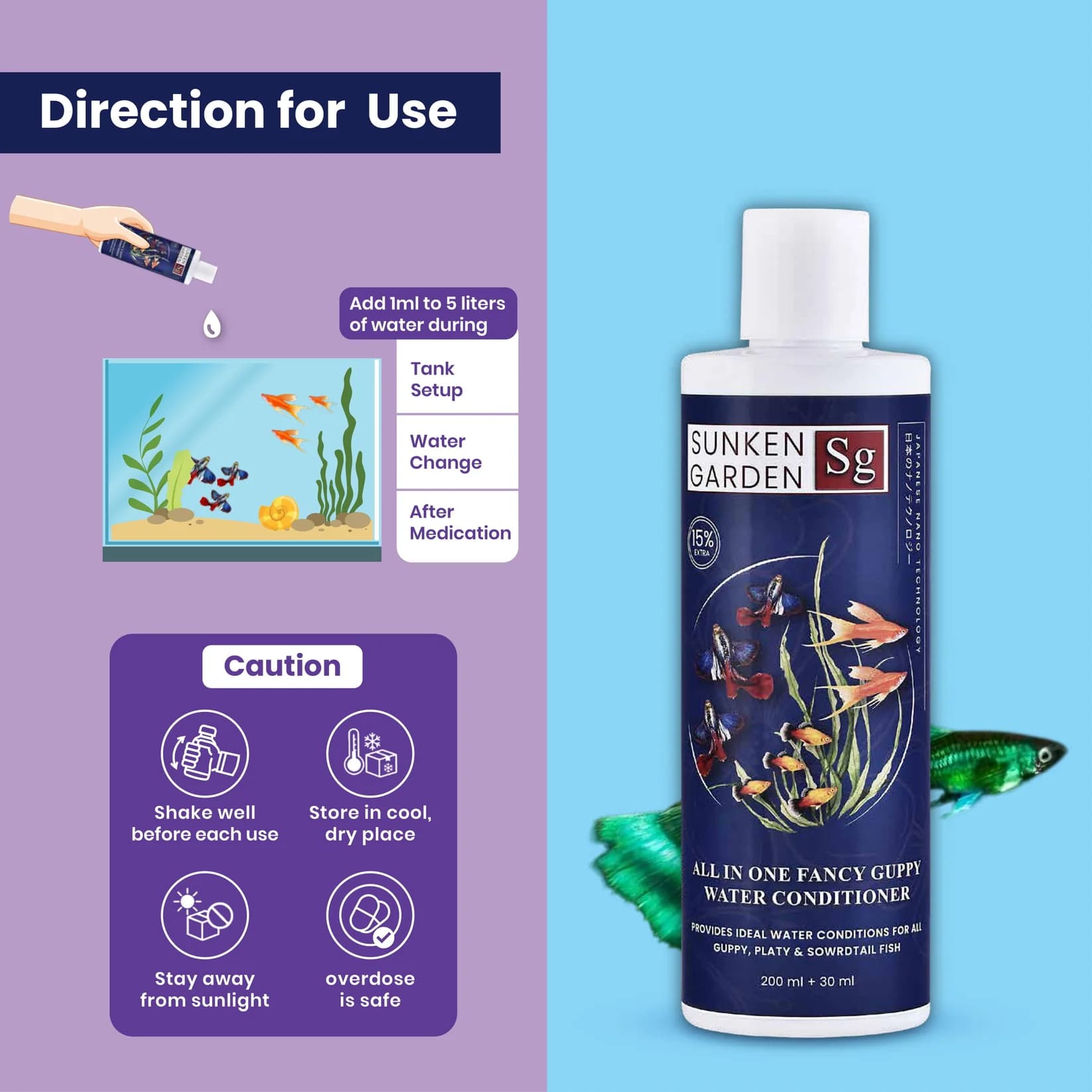 Buy Sunken Garden Fancy Guppy Water Conditioner, guppy water conditioner India, all-in-one guppy conditioner, livebearer water conditioner, guppy fin protection water treatment, Indian tap water aquarium conditioner, guppy tank pH stabiliser, guppy breeding tank conditioner, fancy guppy colour enhancer, tropical fish water conditioner India, safe water conditioner for shrimp and plants