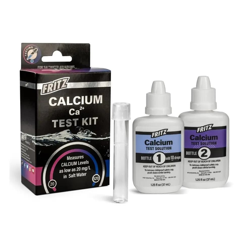 Fritz calcium test kit, aquarium calcium test, liquid calcium test 90 tests, freshwater calcium kit, reef calcium measurement, marine calcium reagent, ppm calcium tester, Fritz Ca test, aquarium ion balance, calcium water test kit