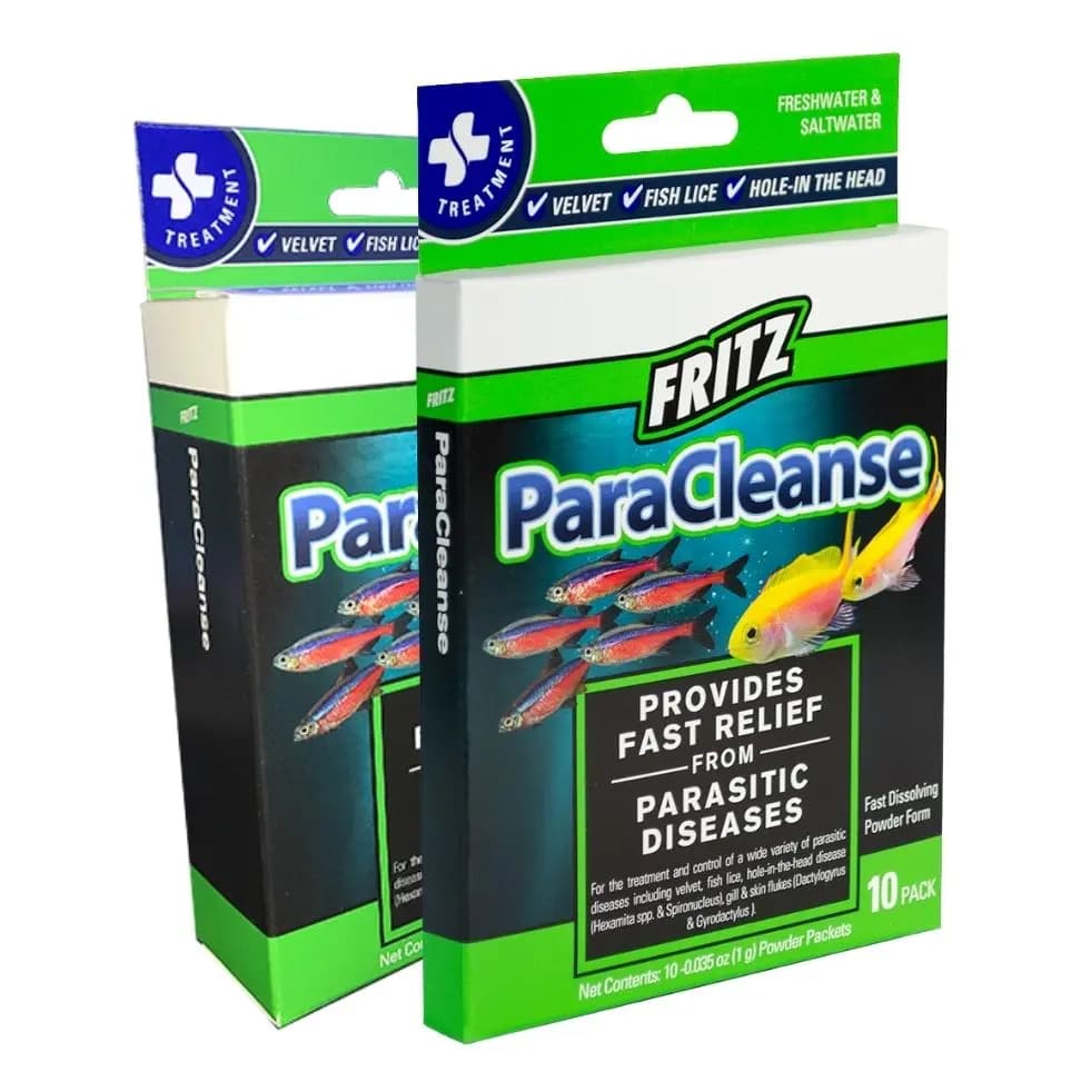 Fritz ParaCleanse, aquarium parasite treatment, velvet treatment, fish fluke medication, freshwater parasite cure, saltwater parasite remedy, metronidazole praziquantel treatment, non-staining parasite meds, 10 gal medication packet, invertebrate-safe parasite treatment
