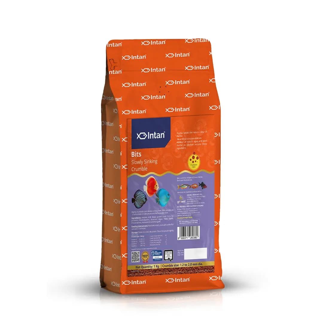 Intan Bits - Slow Sinking Fish Food | Crumble - Intan Bits fish food, slow sinking crumble for discus, Discus fish food India, colour enhancing fish food, Antarctic krill fish feed, community fish food for Danios and Barbs, high protein discus food, best food for vibrant fish colours