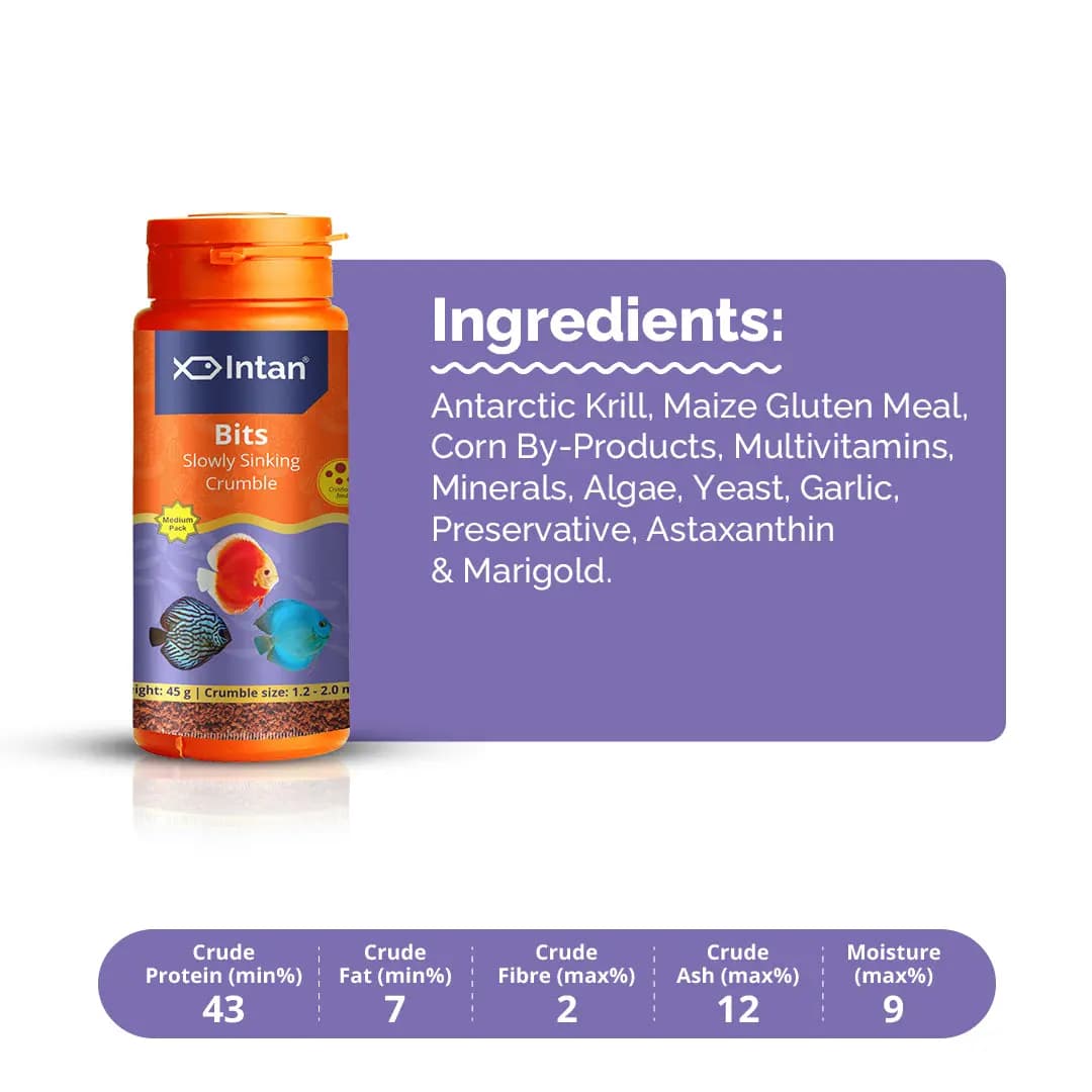 Intan Bits - Slow Sinking Fish Food | Crumble - Intan Bits fish food, slow sinking crumble for discus, Discus fish food India, colour enhancing fish food, Antarctic krill fish feed, community fish food for Danios and Barbs, high protein discus food, best food for vibrant fish colours