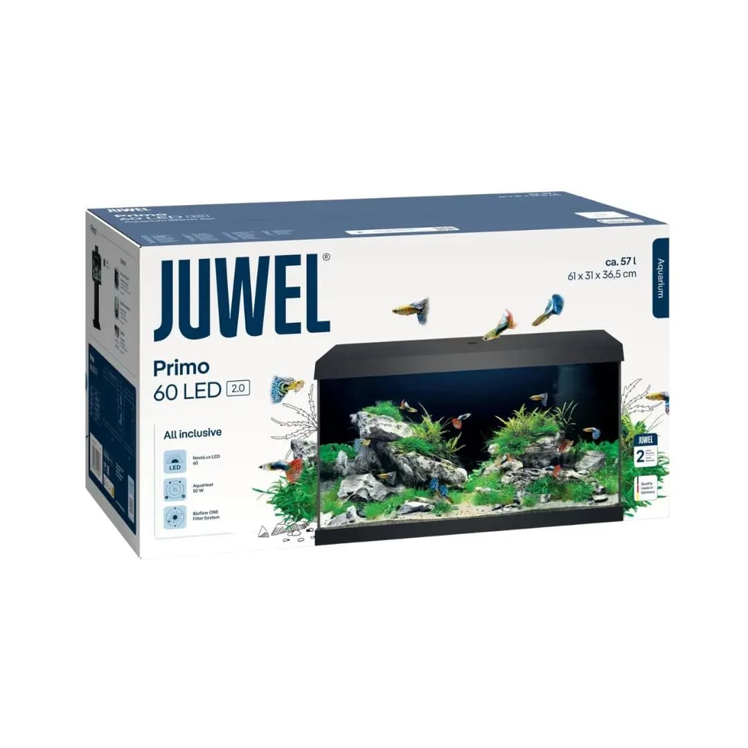 Buy Juwel Primo 60 LED aquarium, Novolux LED lighting, compact LED aquarium, energy-efficient aquarium light, condensation managing aquarium cover, aquariums with feeding hatch, TÜV GS certified aquarium, beginner aquarium setup, small aquarium with LED, JUWEL automatic feeder compatible, high brightness aquarium, efficient aquarium lighting india