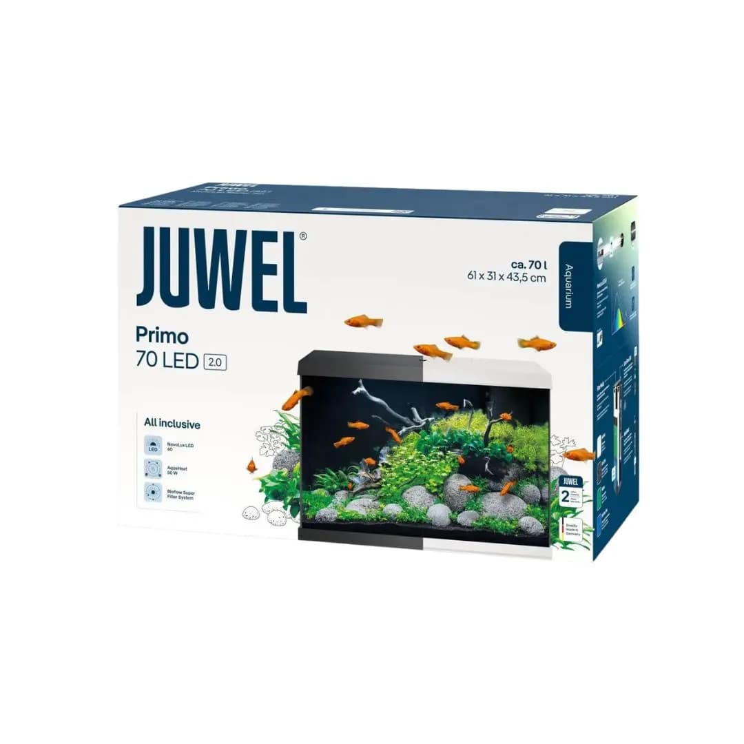 Buy Juwel Primo 70 LED aquarium, Novolux LED lighting, energy-efficient aquarium light, aquarium with feeding hatch, condensation control aquarium cover, TÜV GS certified aquarium, 60 liter aquarium, compact aquarium with LED, JUWEL automatic feeder compatible, modern aquarium design, bright LED aquarium india