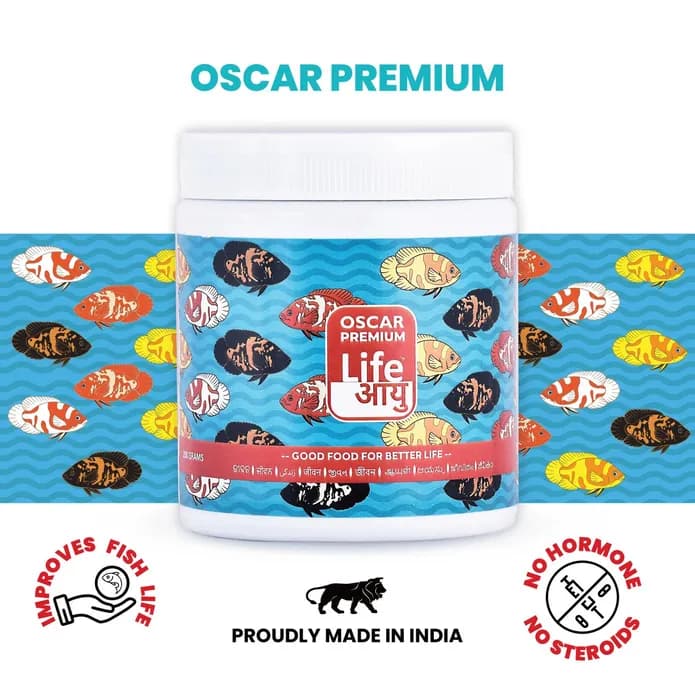 Buy Life AAYU Oscar Food, Oscar fish food India, high protein Oscar pellets, large cichlid pellets, 100g Oscar fish food, 200g Oscar food, floating pellets for Oscars, monster fish diet, colour enhancing Oscar pellets, big fish food India