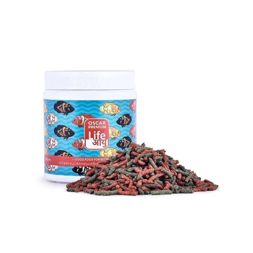 Buy Life AAYU Oscar Food, Oscar fish food India, high protein Oscar pellets, large cichlid pellets, 100g Oscar fish food, 200g Oscar food, floating pellets for Oscars, monster fish diet, colour enhancing Oscar pellets, big fish food India