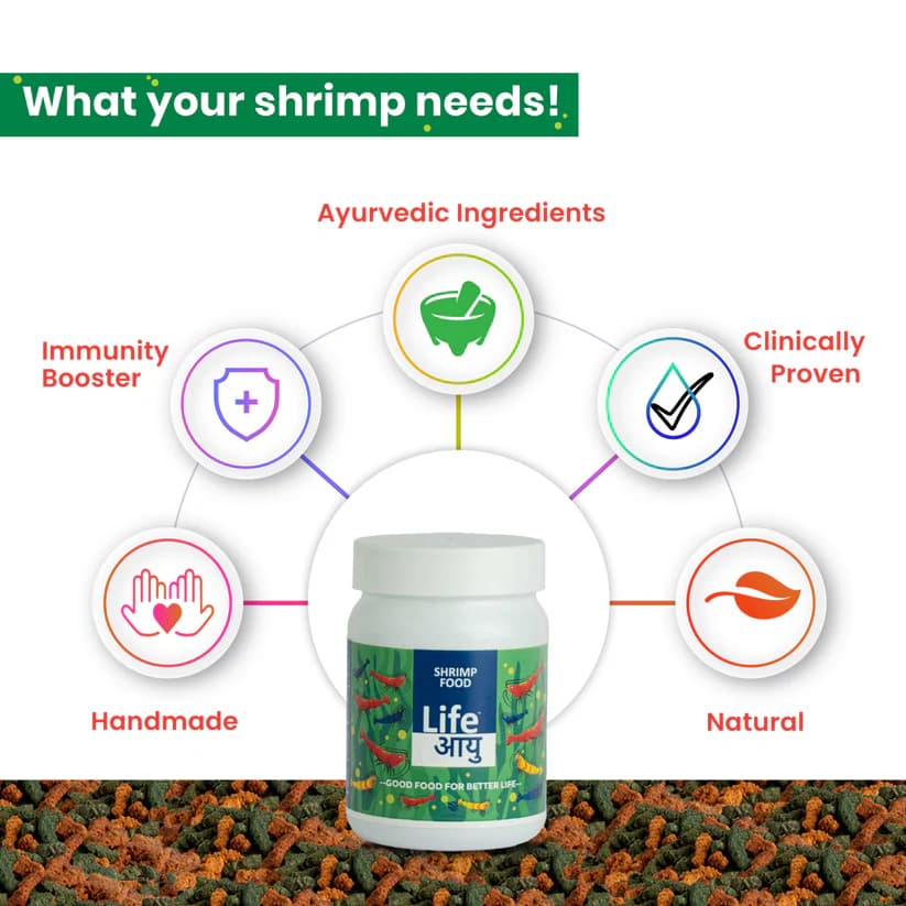 Buy Life AAYUH Shrimp Regular, shrimp food India, 15g shrimp food, 30g shrimp food, neocaridina food, caridina shrimp diet, daily shrimp pellets, spirulina shrimp food, sinking shrimp pellets, aquarium shrimp food India