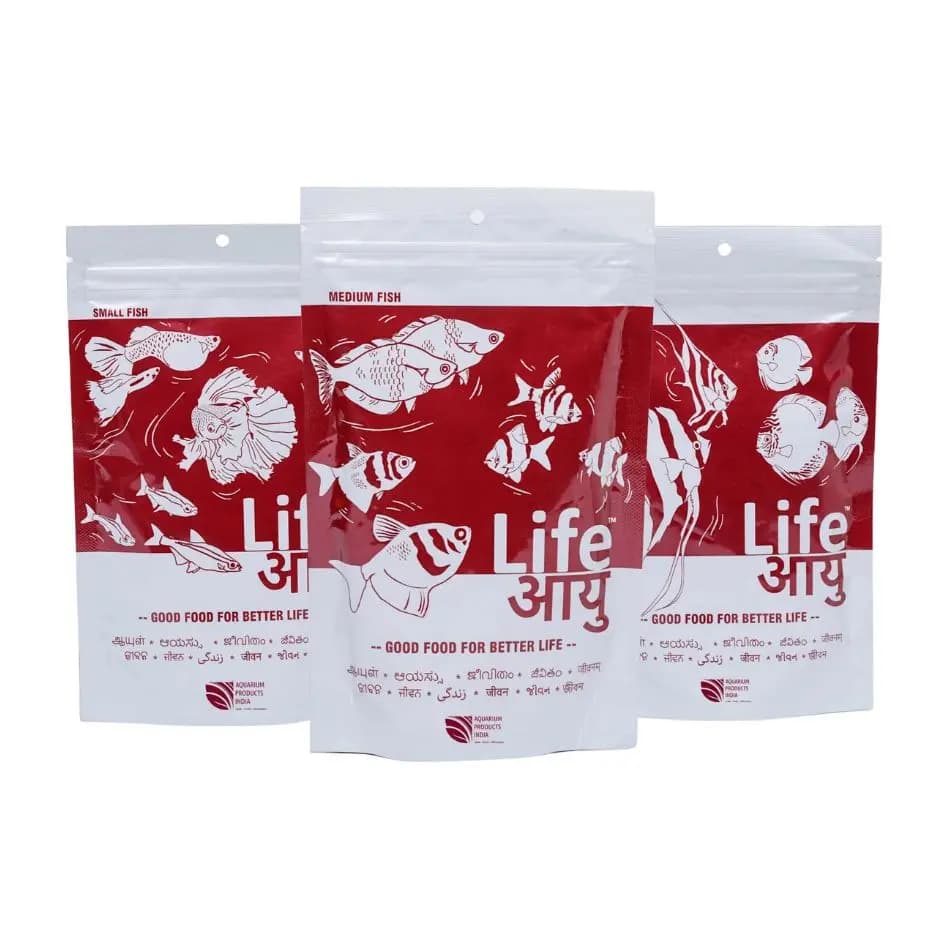 Buy Life AAYU Red Fish Food, Ayurvedic fish food India, color enhancing fish pellets, paprika astaxanthin fish food, anchovy shrimp meal pellets, 52% protein fish food, small medium large pellet fish food, best fish food for guppies India, tetra pellet food India, angelfish pellet food India, dwarf cichlid food India, low waste aquarium pellets, handmade fish food India, red color booster fish food