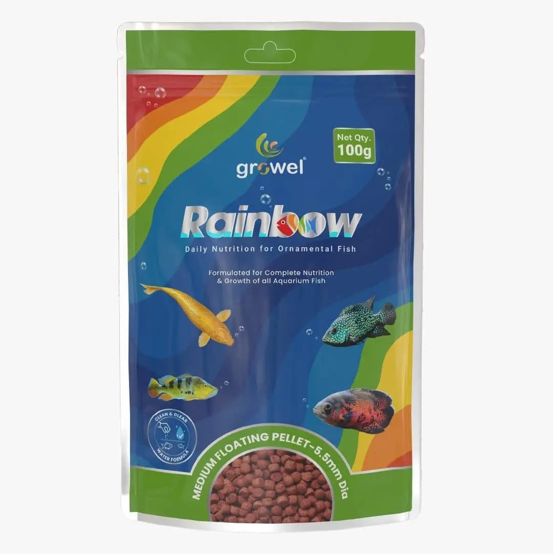 Growel Rainbow Medium Floating Pellets (5.5mm) for Oscars, Koi, Bass & Channa - Growel Rainbow Medium Floating Pellets, 5.5mm floating fish food, best food for Oscar fish India, Koi fish pellets online, Channa fish food, Bass fish nutrition, color enhancing fish food, floating pellets for large cichlids, high protein aquarium fish food, Growel fish feed India