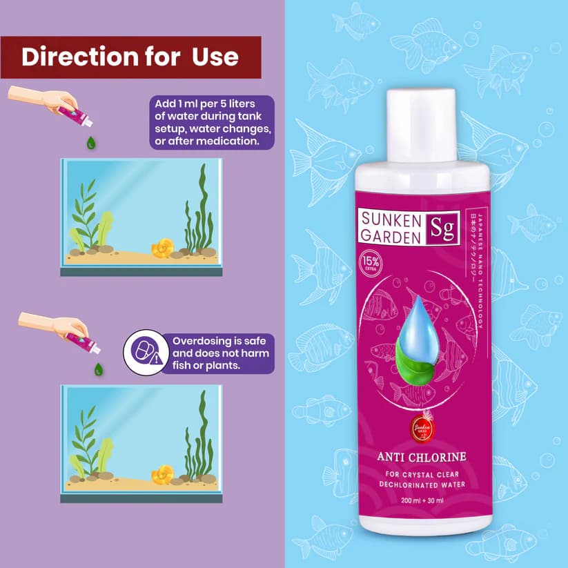 Buy Sunken Garden Anti Chlorine, anti chlorine water conditioner India, aquarium water conditioner for tap water, chlorine remover for aquariums, safe water for fish India, tap water neutralizer aquarium, freshwater aquarium anti chlorine, betta water conditioner India, goldfish tap water treatment, shrimp safe water conditioner