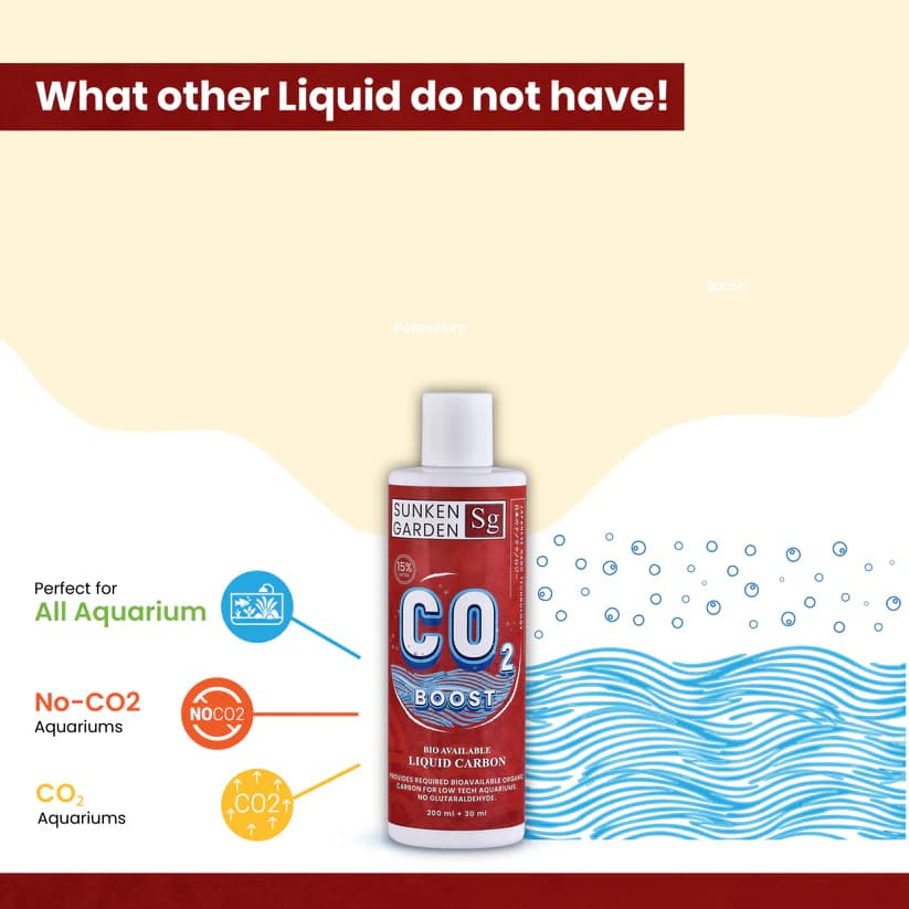 Sunken Garden Liquid CO2 Boost, liquid CO2 aquarium India, aquarium carbon supplement, planted tank CO2 alternative, low tech CO2 booster, aquarium plant growth booster India, algae control liquid CO2, planted tank fertilizer India, liquid carbon for aquariums, aquascaping CO2 supplement