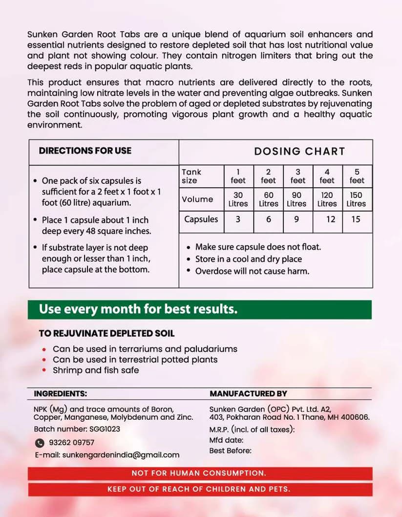 Buy Sunken Garden Root Tabs, aquarium root tabs India, planted tank fertilizer capsules, root feeder fertilizer aquarium, aquarium plant root nutrients, substrate fertilizer India, crypts fertilizer tabs, sword plant root fertilizer, slow release root tabs aquarium, planted tank root booster