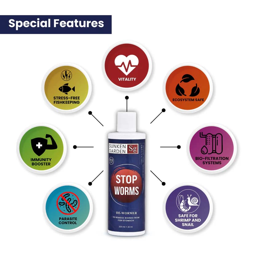 Buy Sunken Garden Stop Worms, aquarium dewormer India, fish deworming treatment, internal parasite remover for fish, tapeworm treatment aquarium, roundworm treatment fish tank, gut parasite remedy fish, quarantine dewormer for fish, safe dewormer for community tanks, freshwater fish parasite treatment