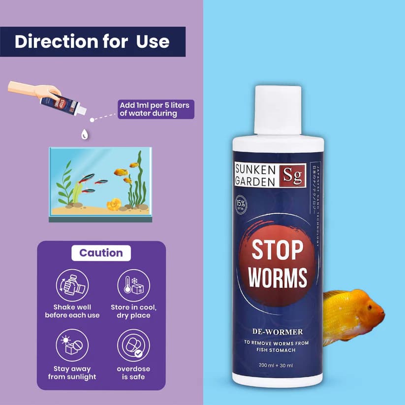Buy Sunken Garden Stop Worms, aquarium dewormer India, fish deworming treatment, internal parasite remover for fish, tapeworm treatment aquarium, roundworm treatment fish tank, gut parasite remedy fish, quarantine dewormer for fish, safe dewormer for community tanks, freshwater fish parasite treatment