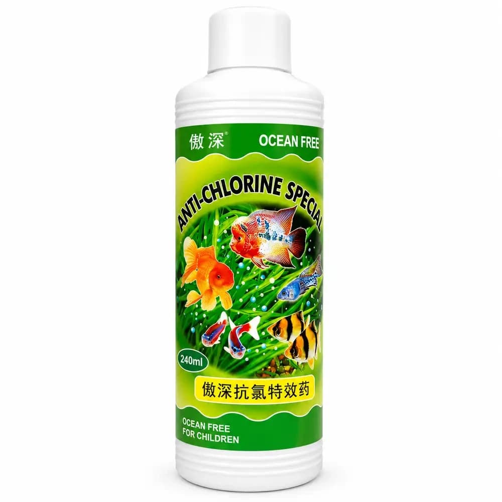 Ocean Free Anti-Chlorine Special 240 ml, aquarium anti chlorine treatment, aquarium water conditioner India, anti chlorine for fish tank, fish tank water treatment, aquarium water preparation, anti chlorine dosage for aquarium, 240 ml aquarium conditioner