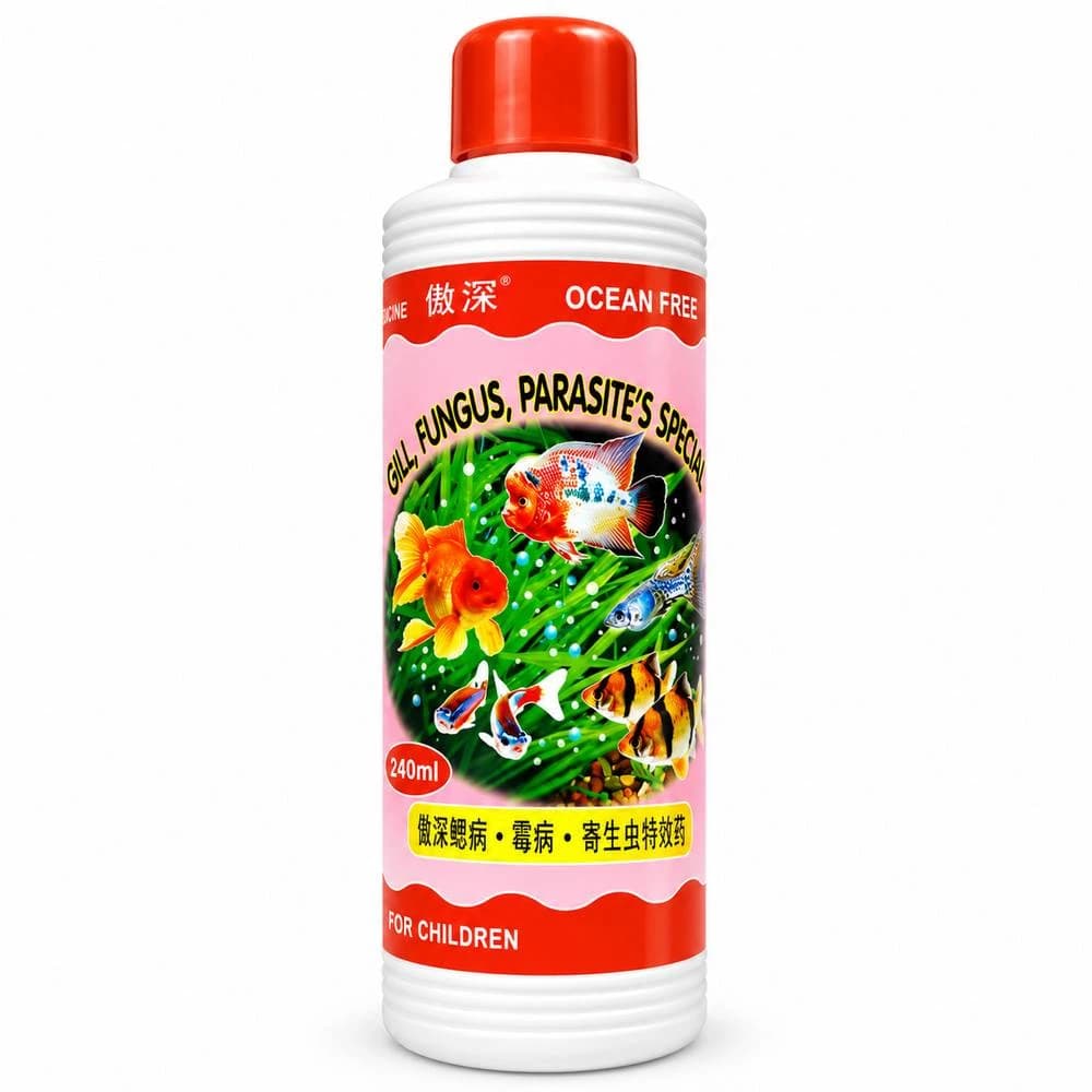Ocean Free GILL Fungus Parasite Special 240 ml, Ocean Free gill fungus treatment, aquarium fungus treatment, fish parasite treatment aquarium, gill treatment for aquarium fish, aquarium fish medicine India, fish tank treatment 240 ml, aquarium treatment dosage