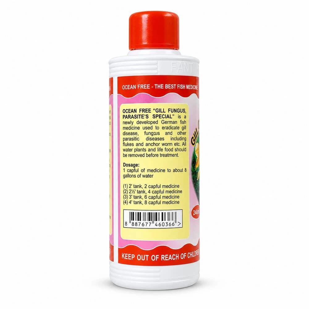 Ocean Free GILL Fungus Parasite Special 240 ml, Ocean Free gill fungus treatment, aquarium fungus treatment, fish parasite treatment aquarium, gill treatment for aquarium fish, aquarium fish medicine India, fish tank treatment 240 ml, aquarium treatment dosage