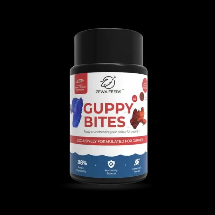 Buy Zewa guppy bites fish food, buy guppy food online India, best food for guppies, floating pellets for guppies, livebearer fish food India, guppy breeding food, premium guppy pellets, small fish food for guppies, mollies platys swordtails food, color enhancing guppy food
