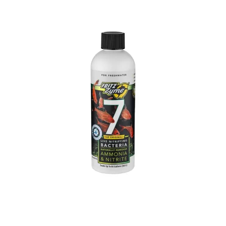 FritzZyme 7, nitrifying bacteria, live nitrifying bacteria, aquarium cycle booster, ammonia remover bacteria, nitrite control, biofilter seed bacteria, freshwater cycling bacteria, room-temperature stable bacteria, aquarium bacteria helps fishless cycle