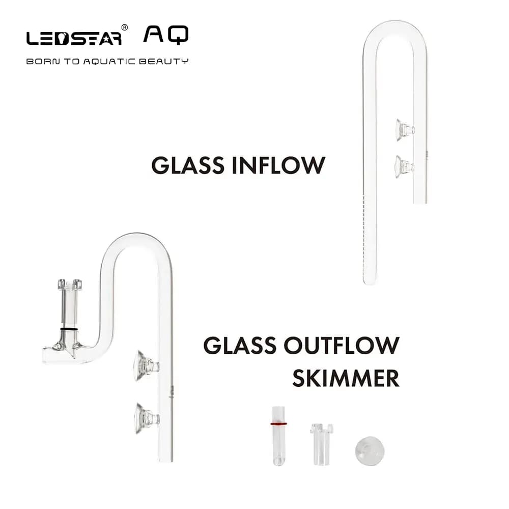 glass lily pipe, aquarium surface skimmer, inflow outflow glass pipe, LEDSTAR AQ lily pipe, borosilicate glass pipes, planted tank lily pipes, 360-degree inflow design, aquarium surface film remover, modular glass lily pipe, 12/16 mm aquarium pipe, 16/22 mm aquarium pipe