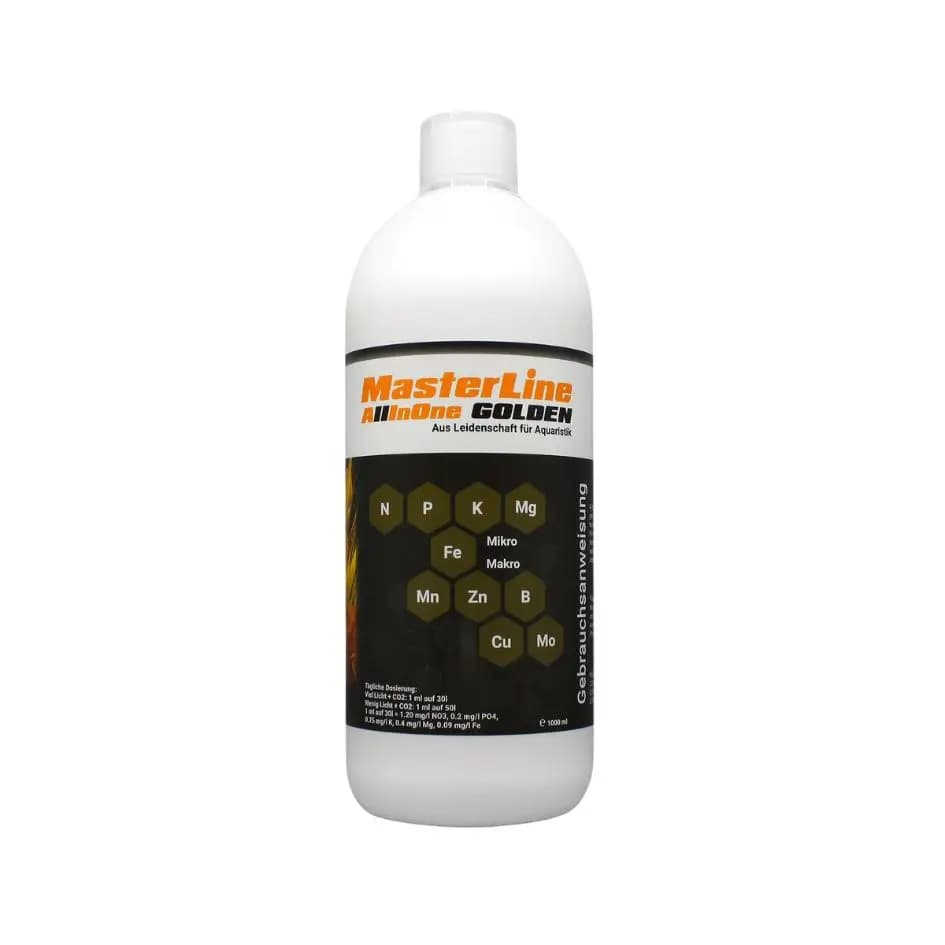 Buy MasterLine All in One Golden, MasterLine fertiliser India, aquarium plant fertiliser, liquid fertiliser for planted tank, best aquarium fertiliser India, MasterLine Golden dosing, all-in-one aquarium nutrients, planted tank macro and micro nutrients, CO2 aquarium fertiliser, high tech aquascape fertiliser