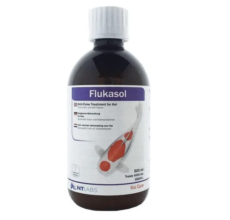 NT LABS Koi Care Flukasol | 500ml - NT LABS Koi Care Flukasol, treat skin and gill flukes, flubendazole for koi, pond fluke medication India, koi fish parasite treatment, gill fluke remedy for pond, NT Labs fish medicine, concentrated fluke treatment for koi