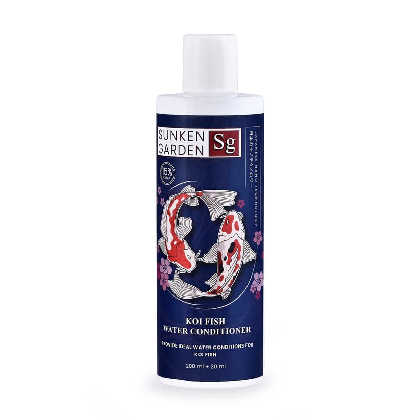 Buy Sunken Garden Koi Water Conditioner, koi pond water conditioner India, koi tank water treatment, chlorine removal for koi ponds, koi pH stabiliser, koi pond bacteria booster, Indian tap water conditioner for ponds, koi digestive support water conditioner, goldfish and pond fish water treatment, koi pond setup India, koi safe water conditioner